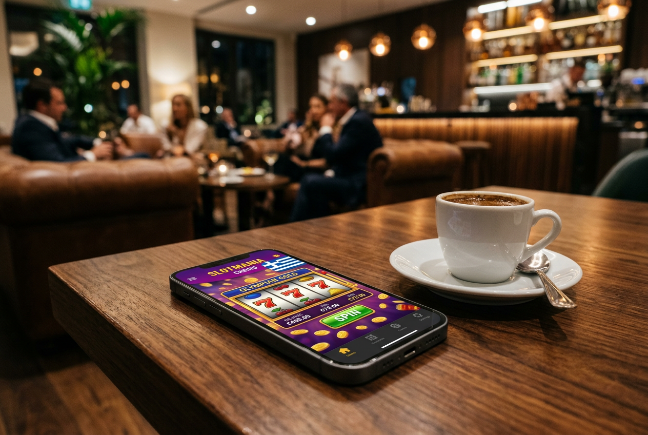 Modern smartphone displaying a casino app next to a coffee cup on a wooden table.
